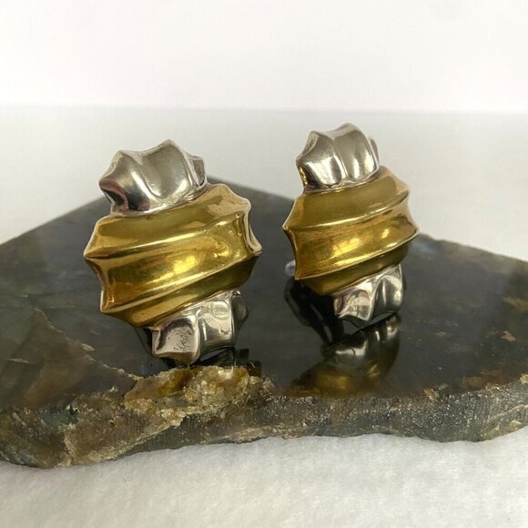 VTG Sterling Silver 925 Taxco Modernist Brass Accent Hollow Clip On Earrings - Picture 9 of 14